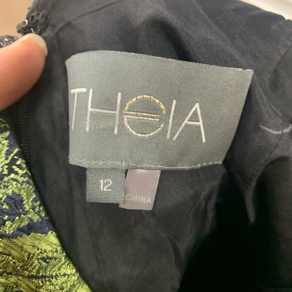 Green, black & navy blue brocade metallic cocktail formal dress Theia size 12 - Picture 4 of 4